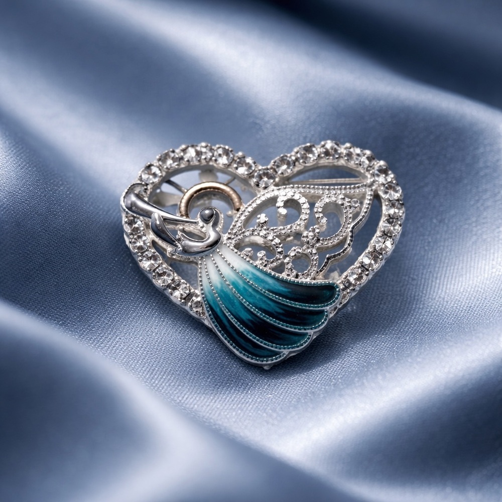 Napier Heart-Shaped Angel Brooch with Enamel and Rhinestones